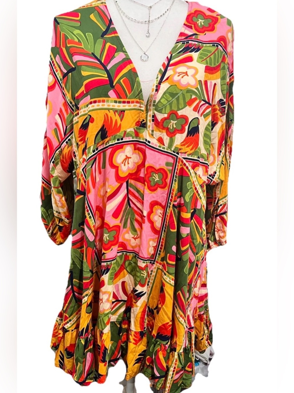 Vibrant Floral  mini Dress - Pink & Green